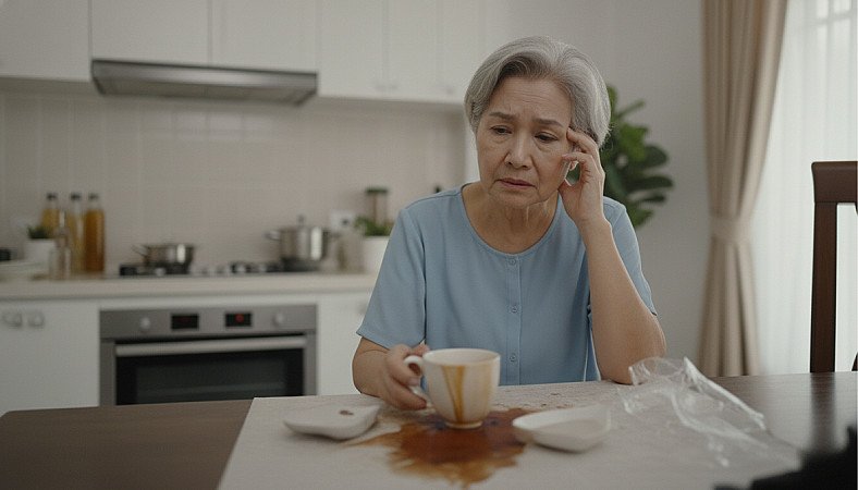An elderly woman sits at a table looking distressed by a spilled drink - RUKUN Home Care