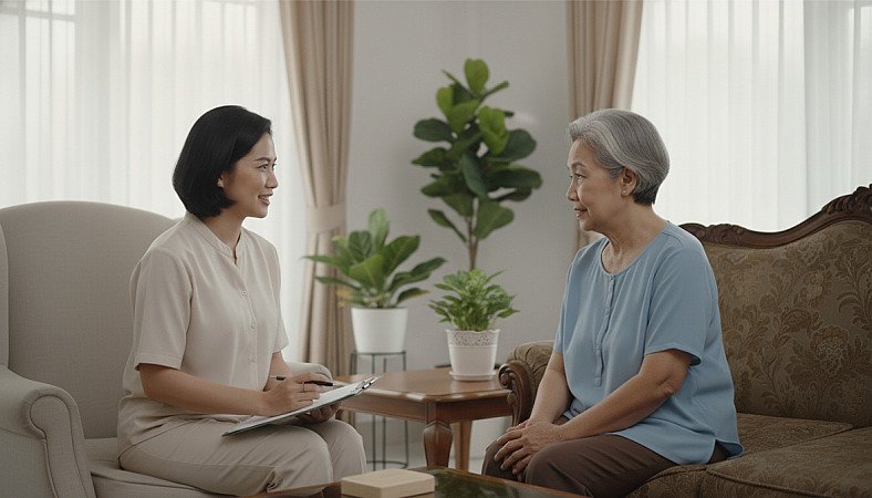 A caregiver coordinator takes notes while talking to an elderly woman in the living room. RUKUN Home Care