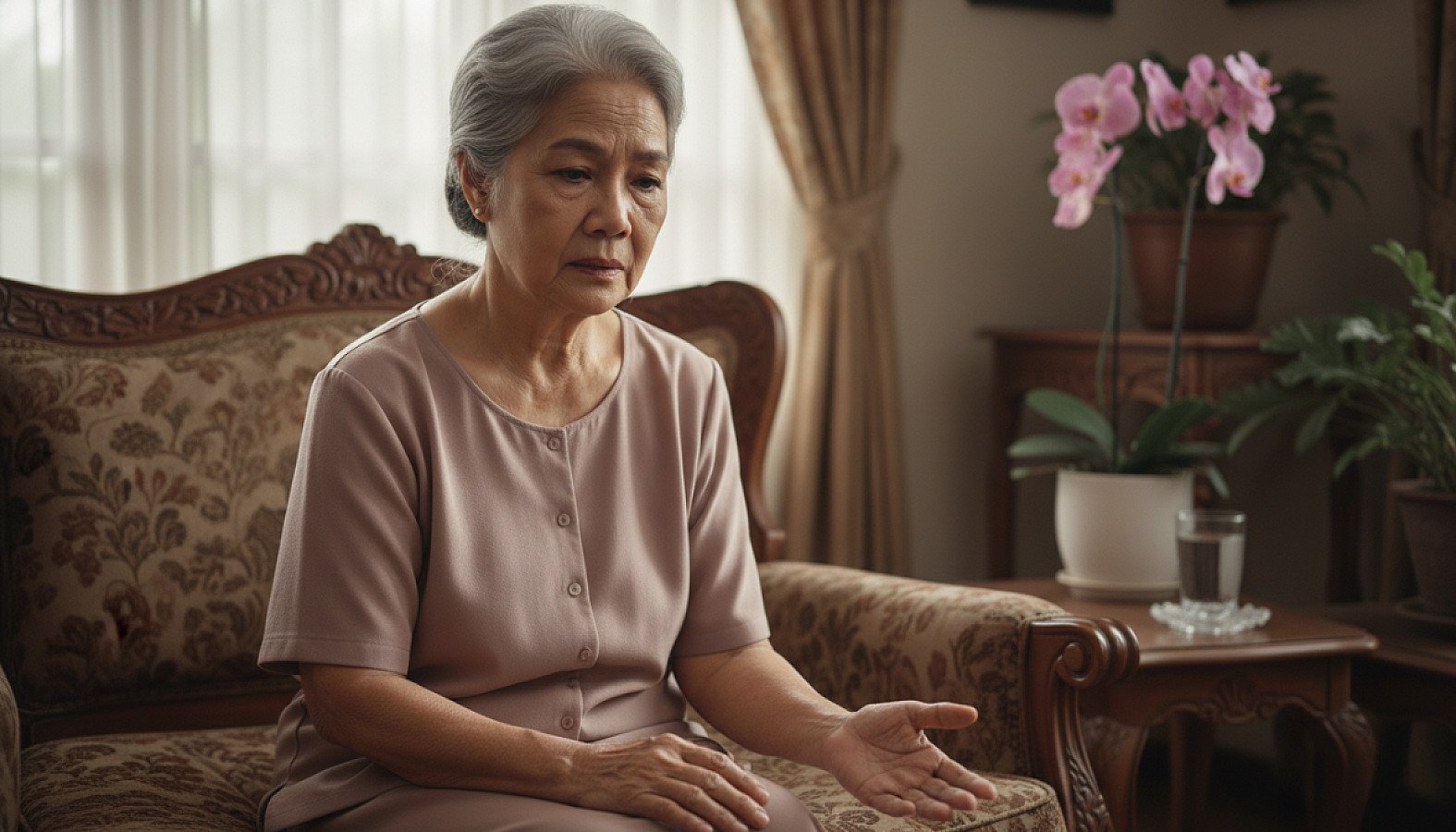 Seorang wanita lansia yang khawatir terkait kesehatannya pasca stroke - RUKUN Home Care