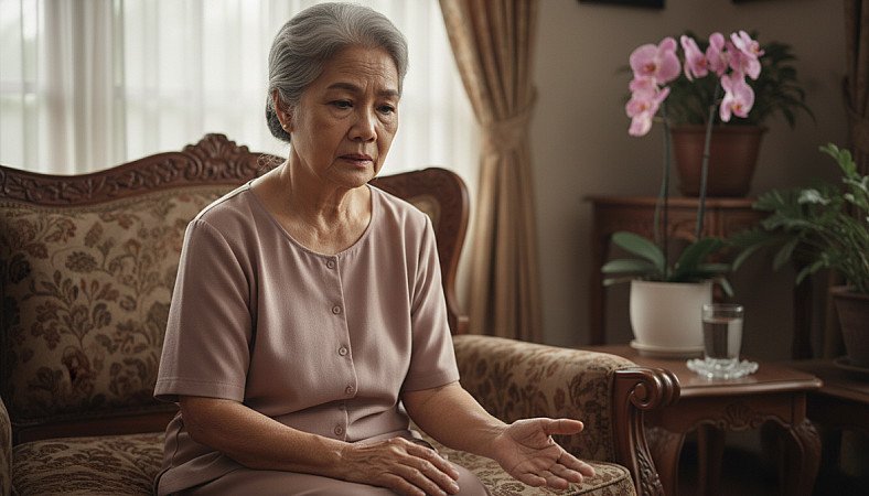 Seorang wanita lansia yang khawatir terkait kesehatannya pasca stroke - RUKUN Home Care