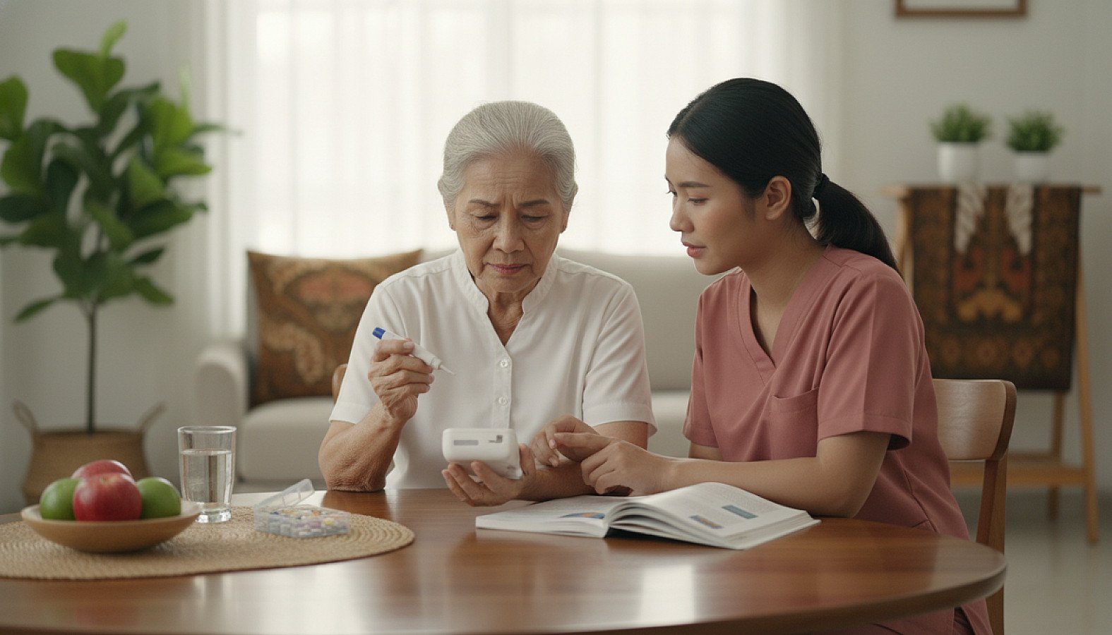 A caregiver assist an elderly woman with a blood glucose monitor at a table - RUKUN Home Care