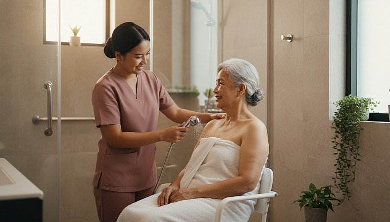 Seorang pengasuh membantu seorang wanita lanjut usia mandi di kamar mandi dengan penuh hormat - RUKUN Home Care