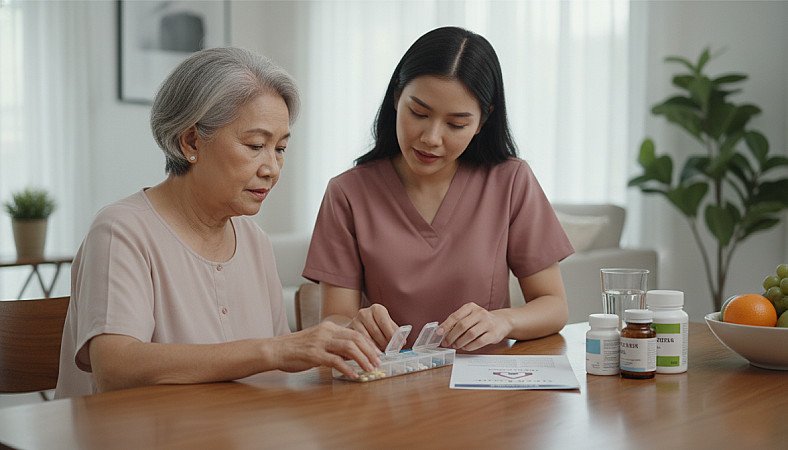 Seorang pengasuh membantu seorang wanita lanjut usia mengatur obat-obatan ke dalam kotak pil - RUKUN Home Care