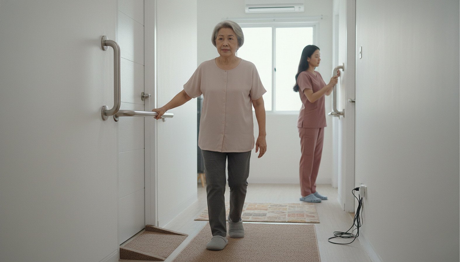 An elderly woman uses a hallway grab bar while a caregiver stands nearby in a modified home - RUKUN Home Care