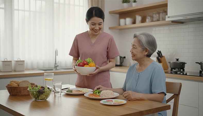 Seorang pengasuh menyajikan semangkuk buah segar kepada seorang wanita lansia selama waktu makan sehat - RUKUN Home Care