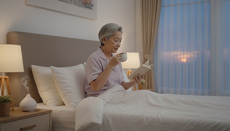 Seorang wanita lanjut usia membaca buku dan minum teh di tempat tidur sebelum tidur - RUKUN Home Care