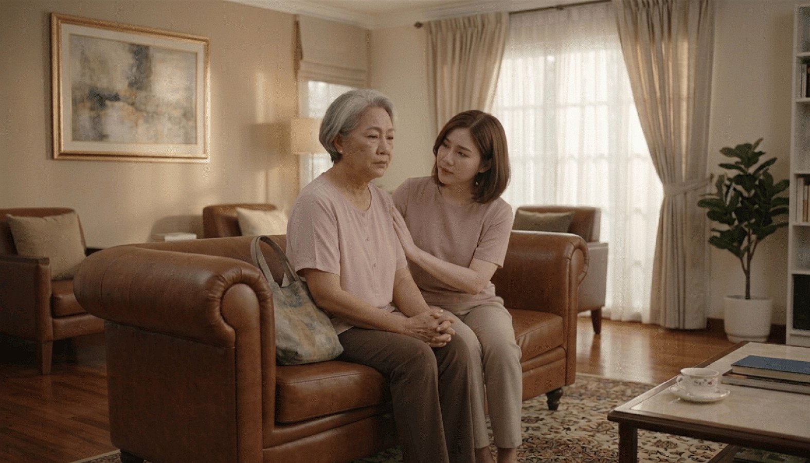 A girl comforts an elderly woman who is worried about her loneliness - RUKUN Home Care