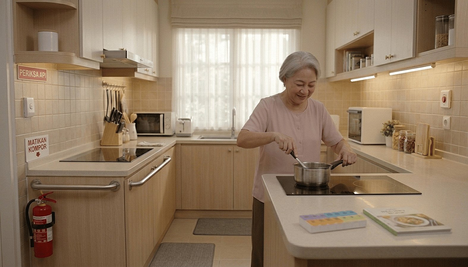 An elderly woman happily stirs a pot in a kitchen modified with grab bars and a fire extinguisher - RUKUN Home Care