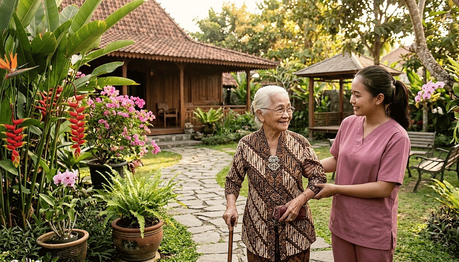 A caregiver accompanies an elderly person in the home garden