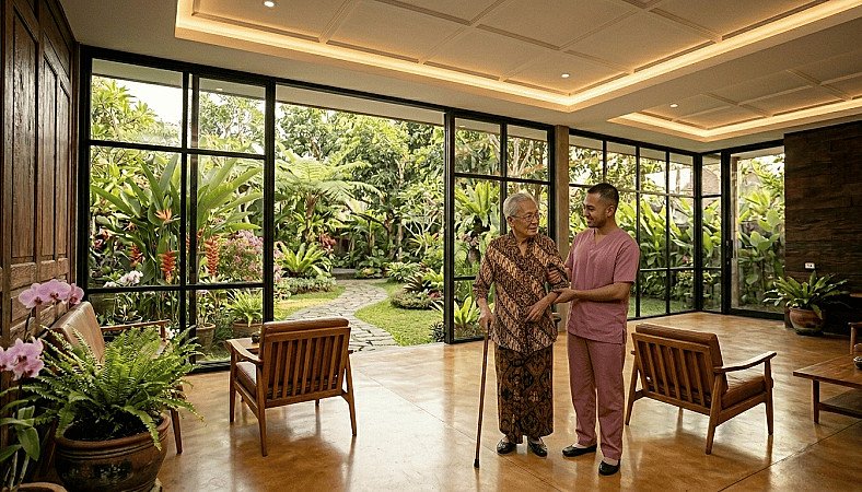 Caregiver attentively supporting an elderly client at home in Jakarta — senior care career guide by RUKUN Home Care