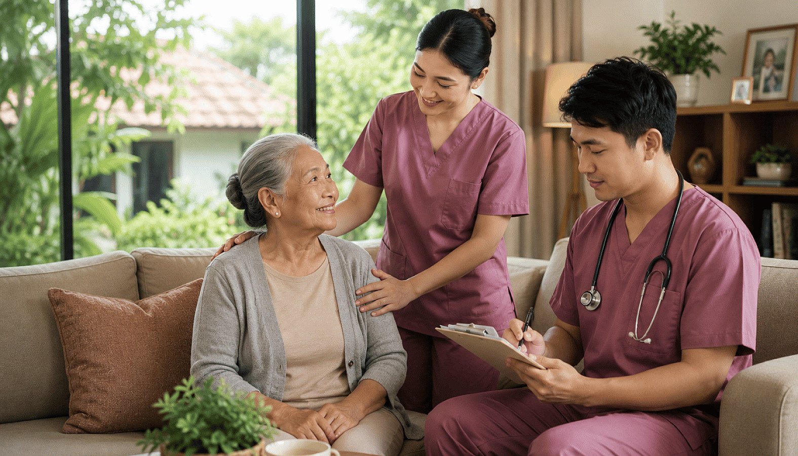 Caregiver mendampingi lansia di rumah sementara perawat mencatat kondisi klinis — RUKUN Home Care