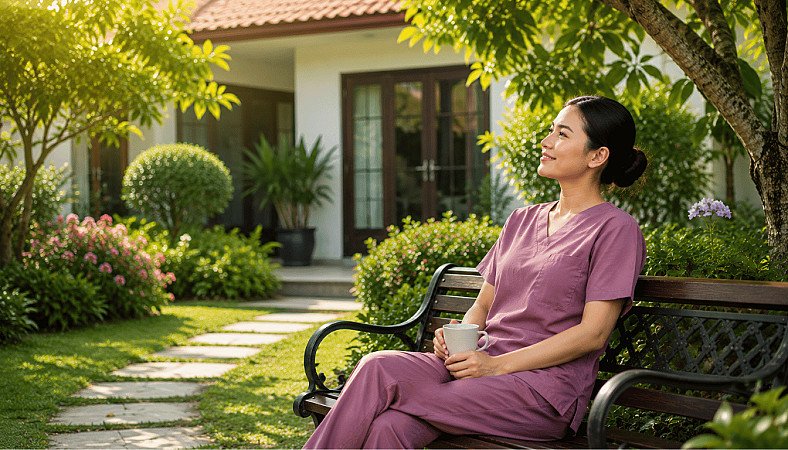 Professional caregiver resting outdoors — mental health and burnout guide by RUKUN Home Care